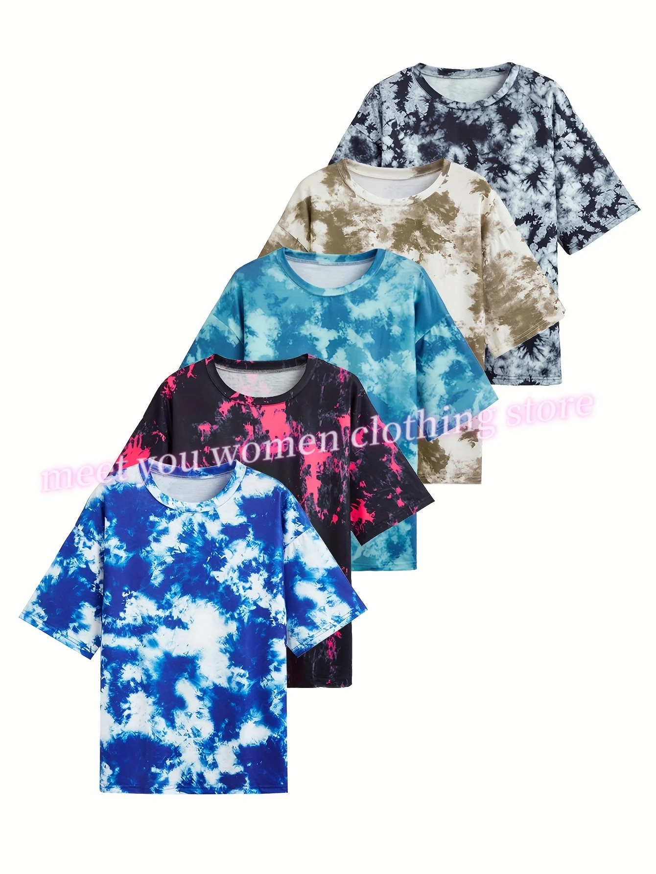 

Summer Women 5PCS Items Wholesale Lots Women T Shirts 3d Tie Dye Print Short Sleeve Tops Women Clothing Sexy Fahsion O-Neck Tees