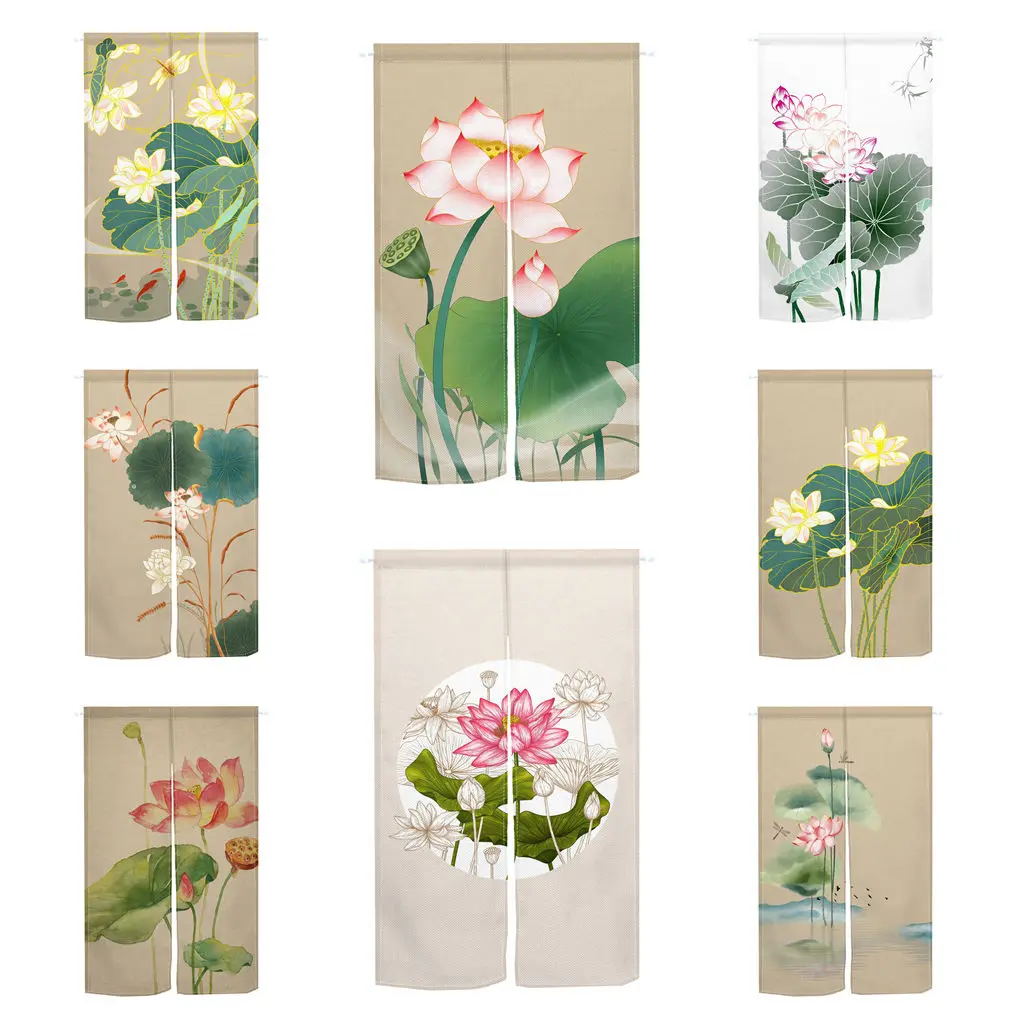 Lotus Theme Noren Door Curtain Japanese Style Home Living Room Entrance Kitchen Partition Window Decors Doorway Half Curtains