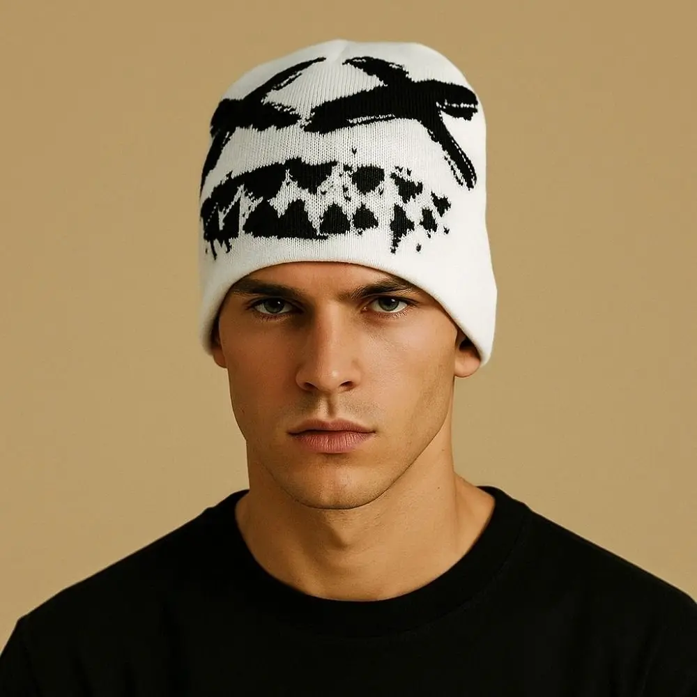 Elastic Y2K Knitted Hat Streetwear Hip-hop Jacquard Woolen Hat Halloween Korean Style Black White Pullover Cap Warmer