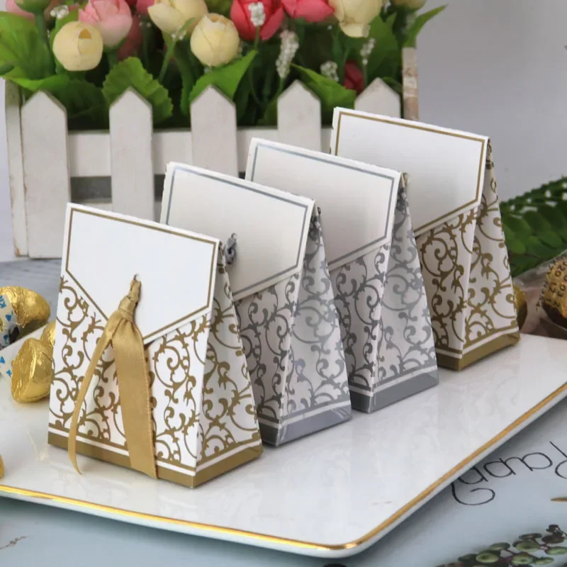 100pcs Creative Gold Silver Paper Boxs with Gold Ribbon Wedding Favours Birthday Party Gift Candy Dragee Bags Packaging Supplies