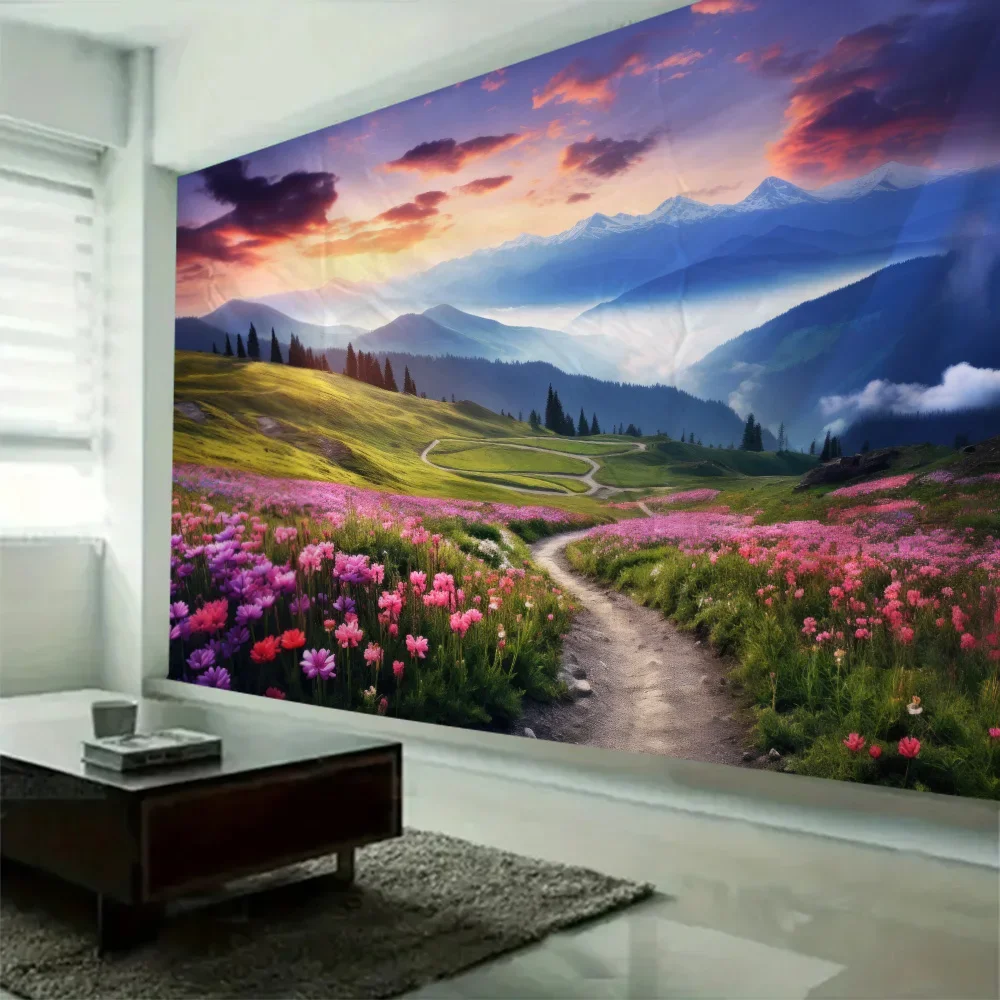 Dreamy landscape tapestry, grassland forest wall hanging cloth, living room and bedroom background, aesthetic home decoration