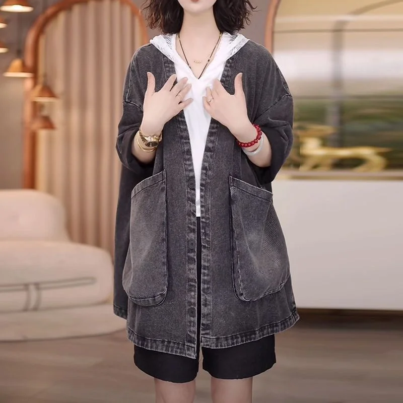 Wide Casual AndFAshionable Fixed Color Denim Jacket for Women Medium and Long Spring New Style Loose Light Luxury Top