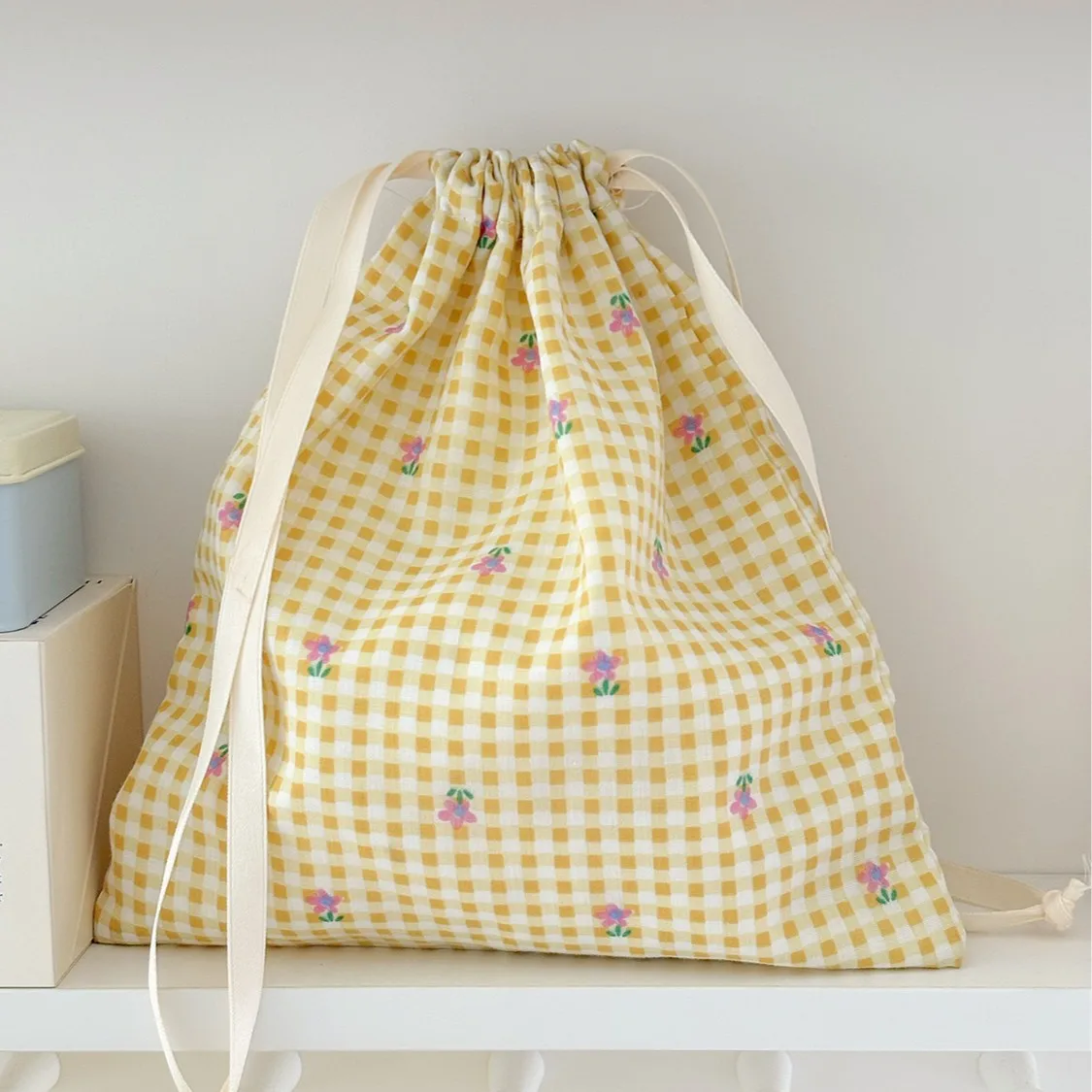 Yellow plaid drawstring bag,fresh and simple storage bag,travel portable miscellaneous sorting bundle pocket,lipstick makeup bag
