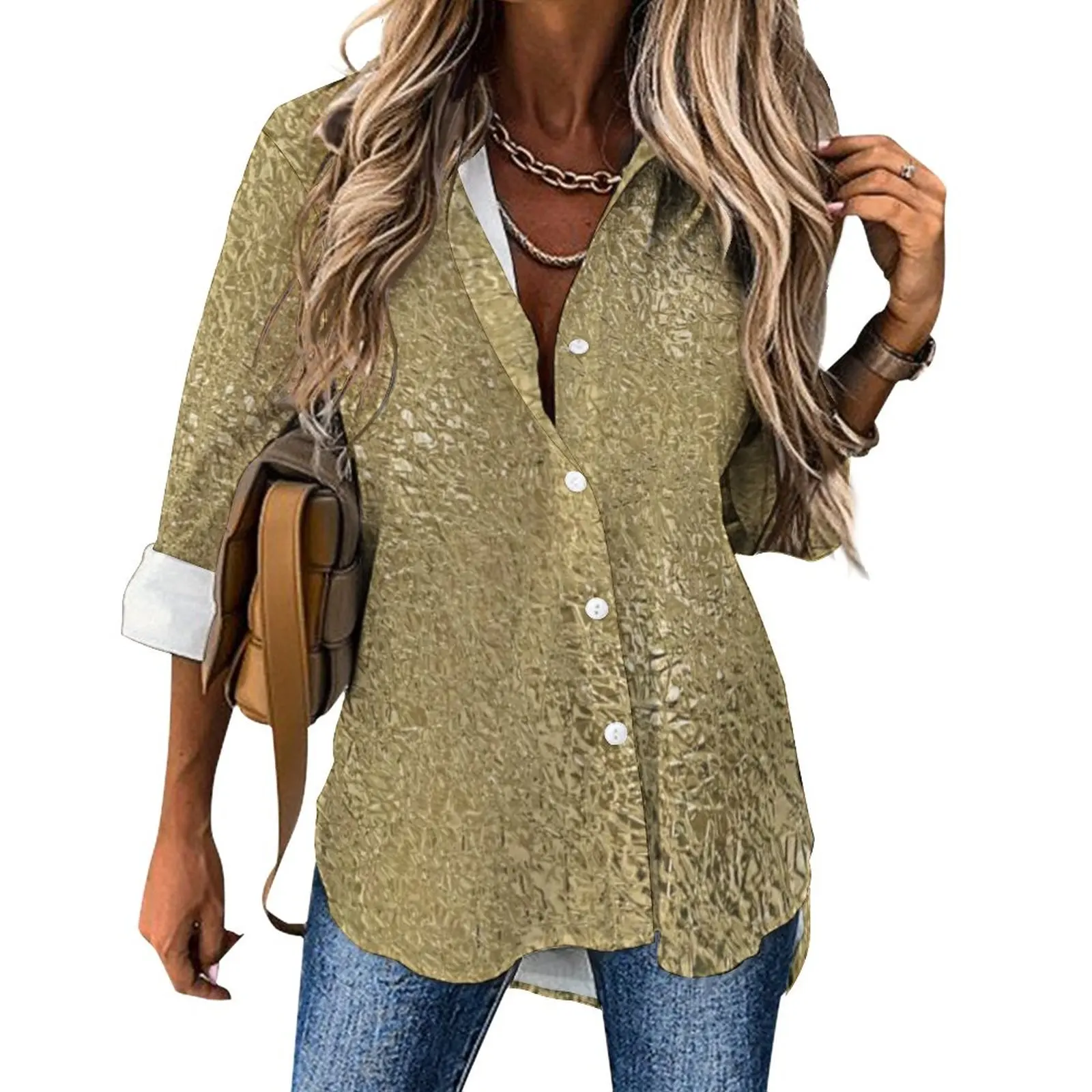 Gold Faux Metallic Print Casual Blouse Long Sleeve Golden Glitter Cool Blouses Women Basic Oversize Shirt Tops Birthday Present