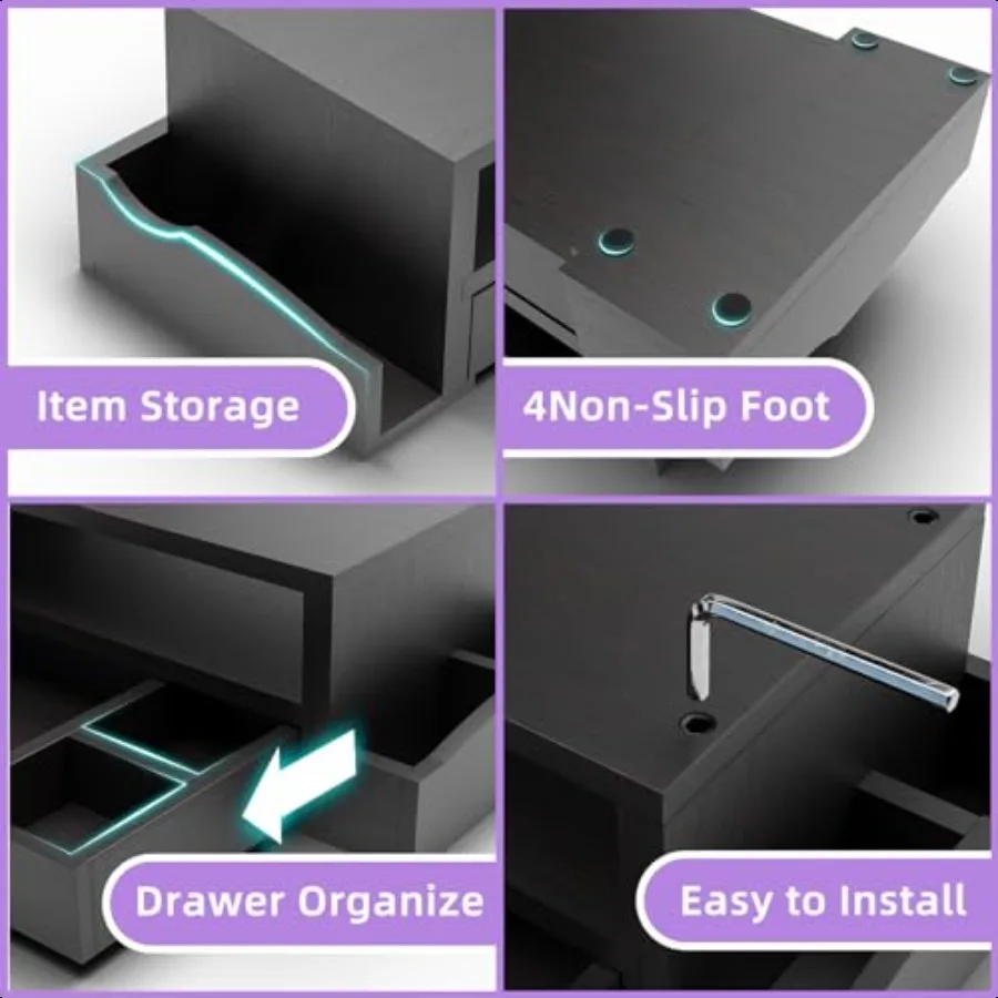 حامل شاشة بسيط رائج ومنظم مكتب خشبي للكمبيوتر مع درج وحامل أقلام للكمبيوتر المحمول باللون الأسود