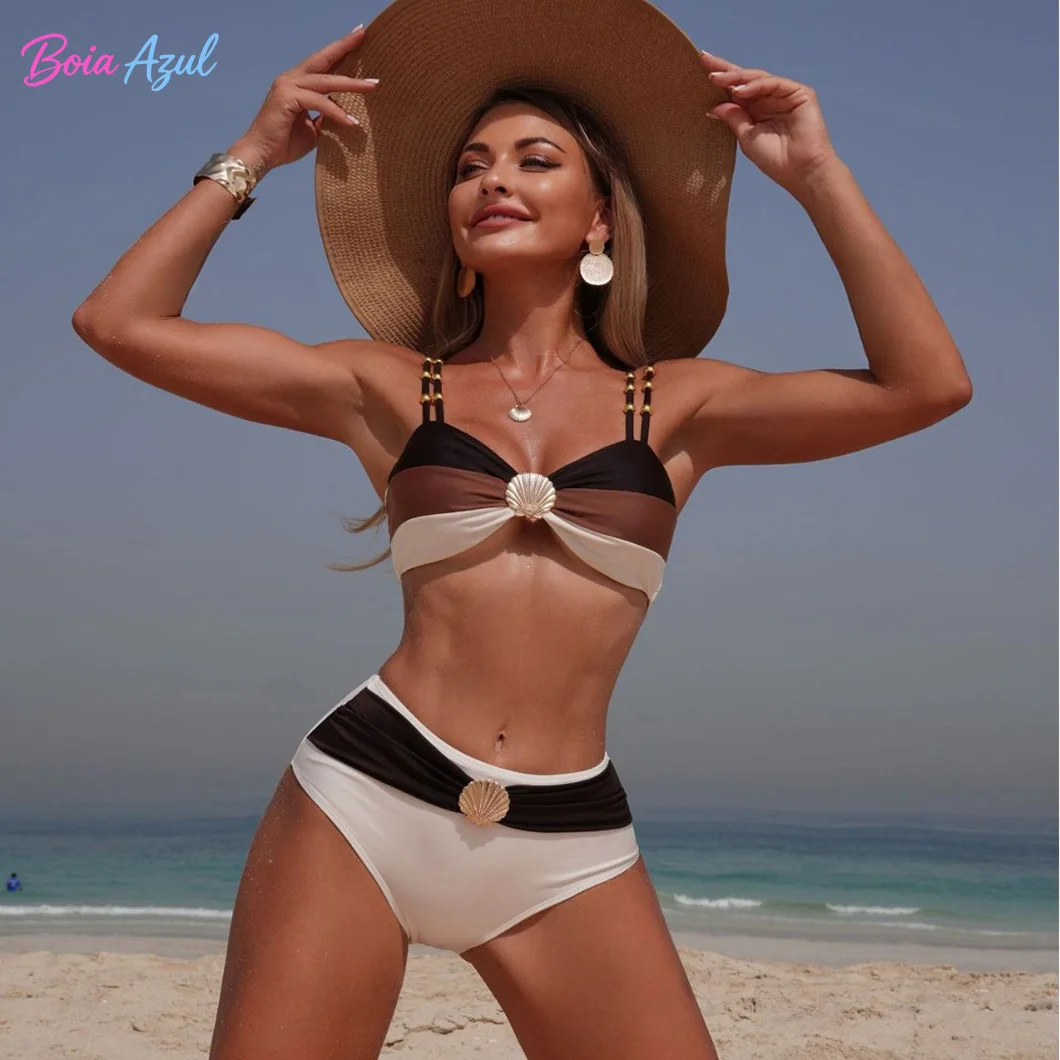 Color Block Bikini Gold Hardware High Waist Brief Bottom Beaded Straps Women Two Piece Beach Swimwear