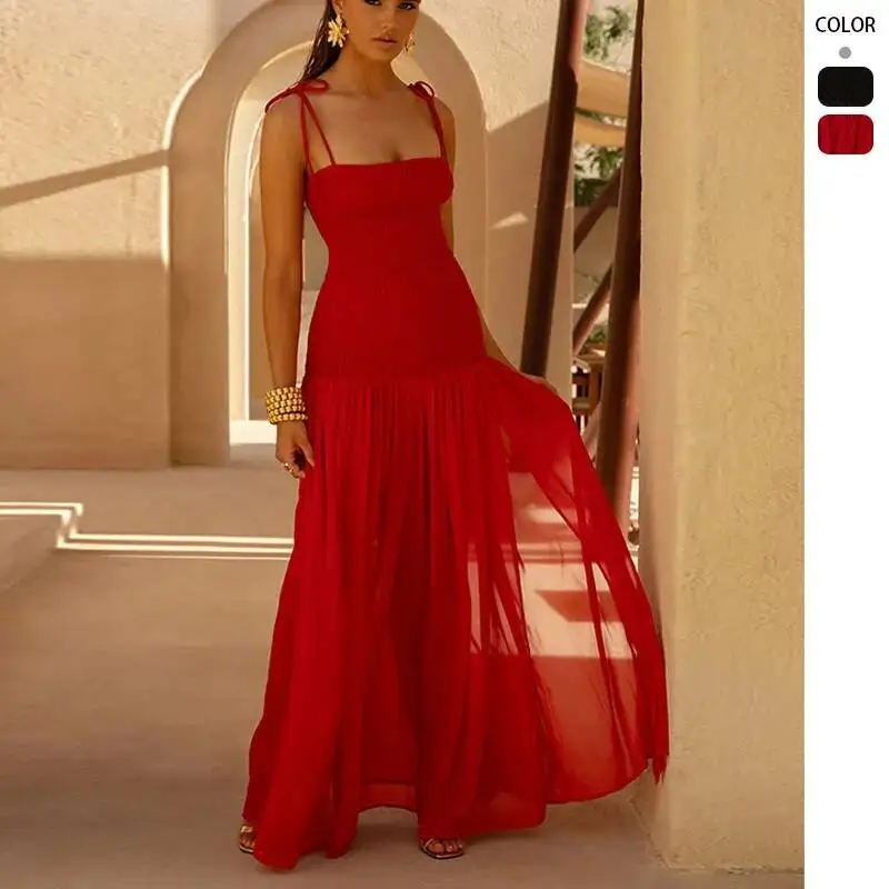 

Women's 2026 Spring New Solid Color Sleeveless Strap Pleated Slim Fit Tulle Long Dress
