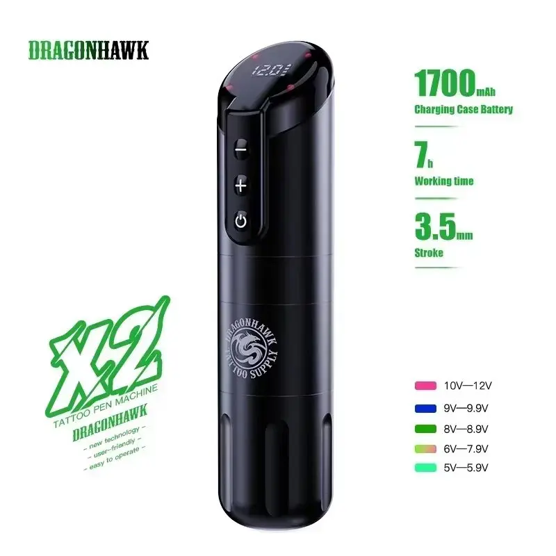 Dragonhawk X2 Wireless Tattoo Machine 3.5mm Stroke 1700mAh