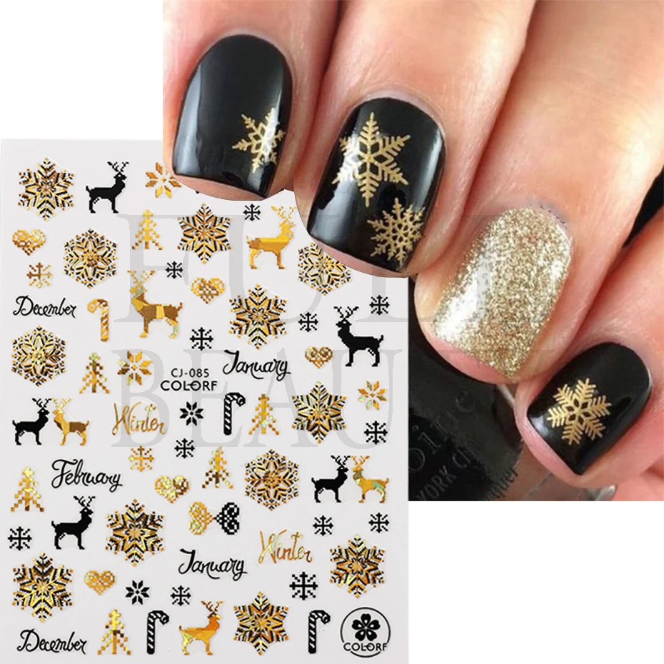 3D Nail Art Sticker New Year Christmas Laser Gold Black Clock Elk Snowflake Decal Slider For Holiday Manicure Accessory NLCJ-082