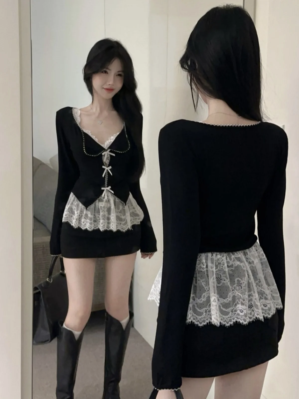 

Sweet Knot Hollow out Pure Desire Lace irt Tank Top Set by Gege Home Long Sve Faion Set for Women
