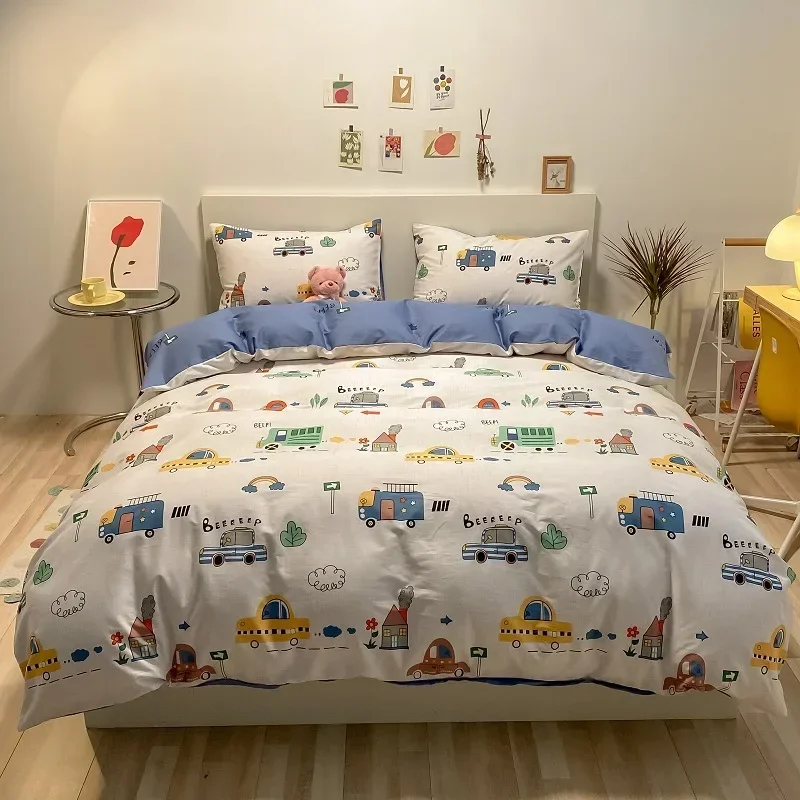 

Kawaii Kids Bedding Set Soft Cotton Flat Fitted Sheet Duvet Cover Pillowcases Single Queen Cartoon Boy Girls Dormitory Bed Linen