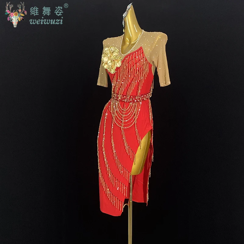 Latin Dance Fringe Competition Dress Women Customsized Senior AB Stones Performance Clothing Tango Cha Cha Professional Dresses