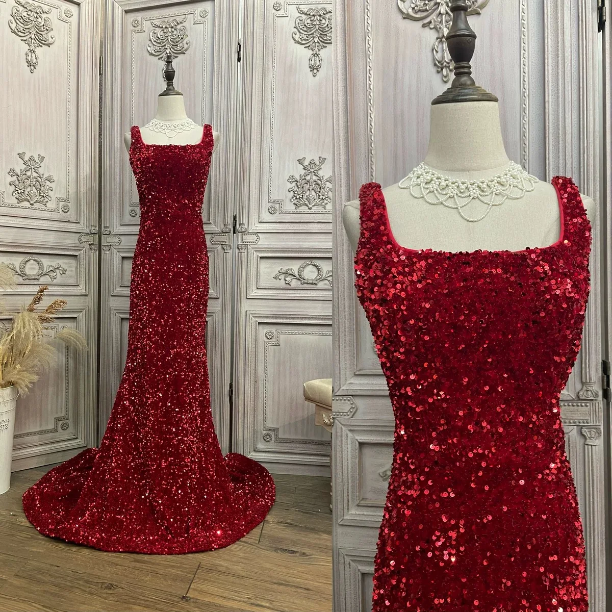 

Red Shiny Evening Dress Halter Sequin Floor Length Backless zipper Woman Annual Meeting Host Formal Wedding Prom Gown