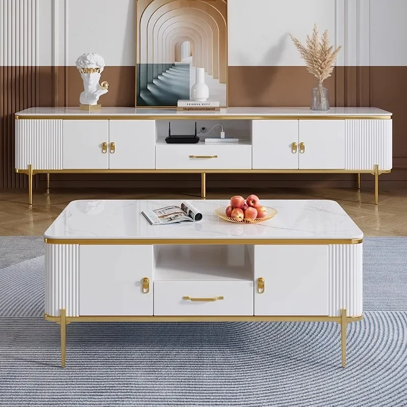 Light luxury bright rock slab coffee table TV cabinet combination, living room household small apartment floor cabinet
