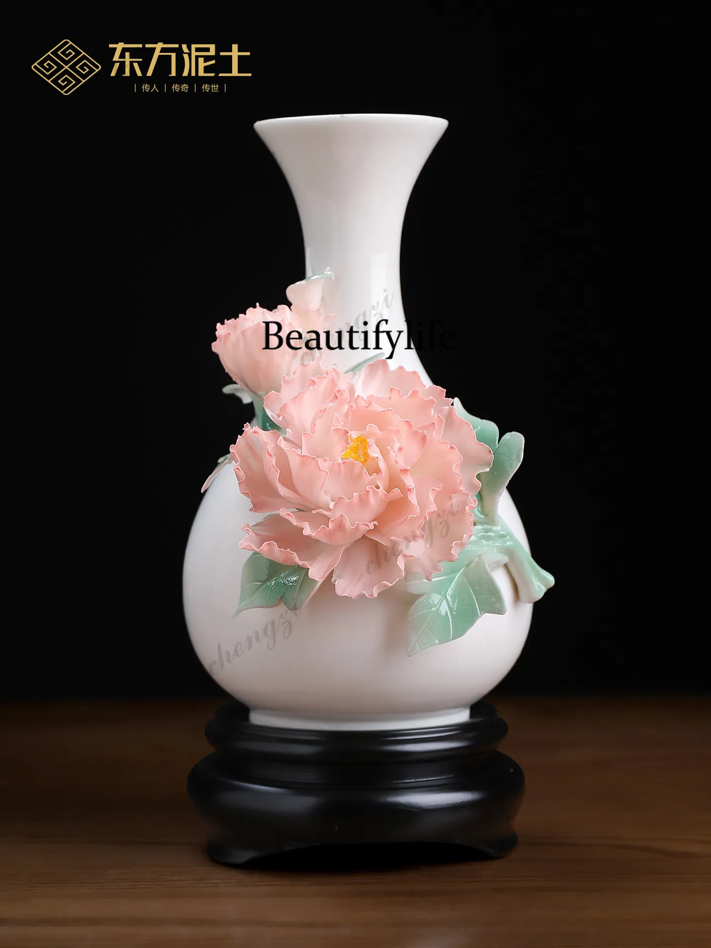 Intangible cultural heritage handmade ceramic peony vase ornament living room flower arrangement light luxury  home decoration
