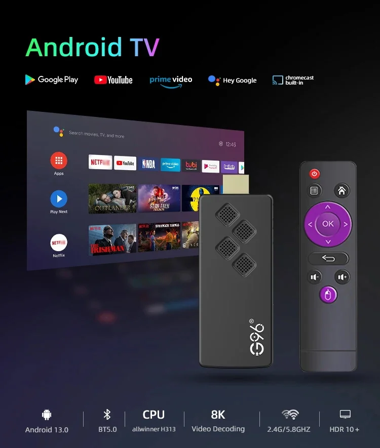 الإصدار العالمي Android13 AllwinnerH313 عصا التلفاز الذكية Netflix IATV 4K HDR10+ Dual 2.4G5GWifi يوتيوب مشغل الوسائط المتدفق Q2