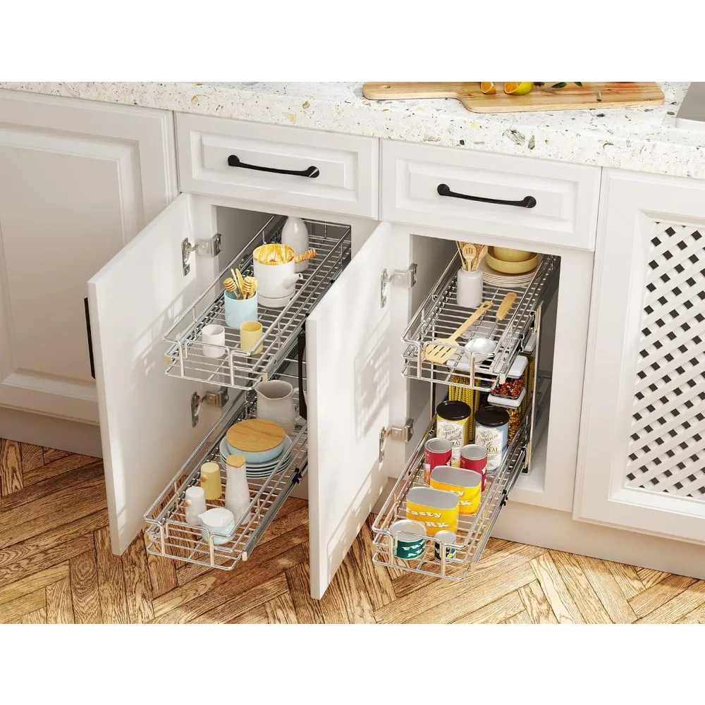 منظم خزانة منزلق بطبقتين للأواني والمقالي وحلول تخزين المطبخ