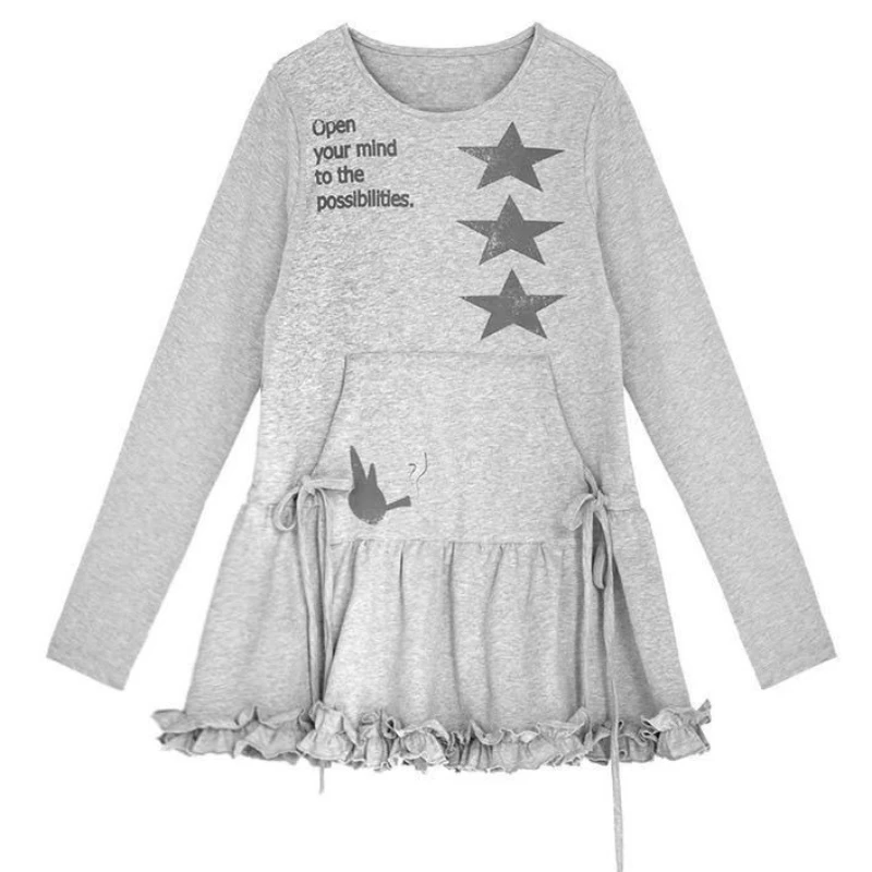 Y2K Aesthetic Women's Sweatshirt Dress Gray Star Rabbit Print Drawstring Ruffle Hem Long Sleeve Casual Dress 2000s E-girls