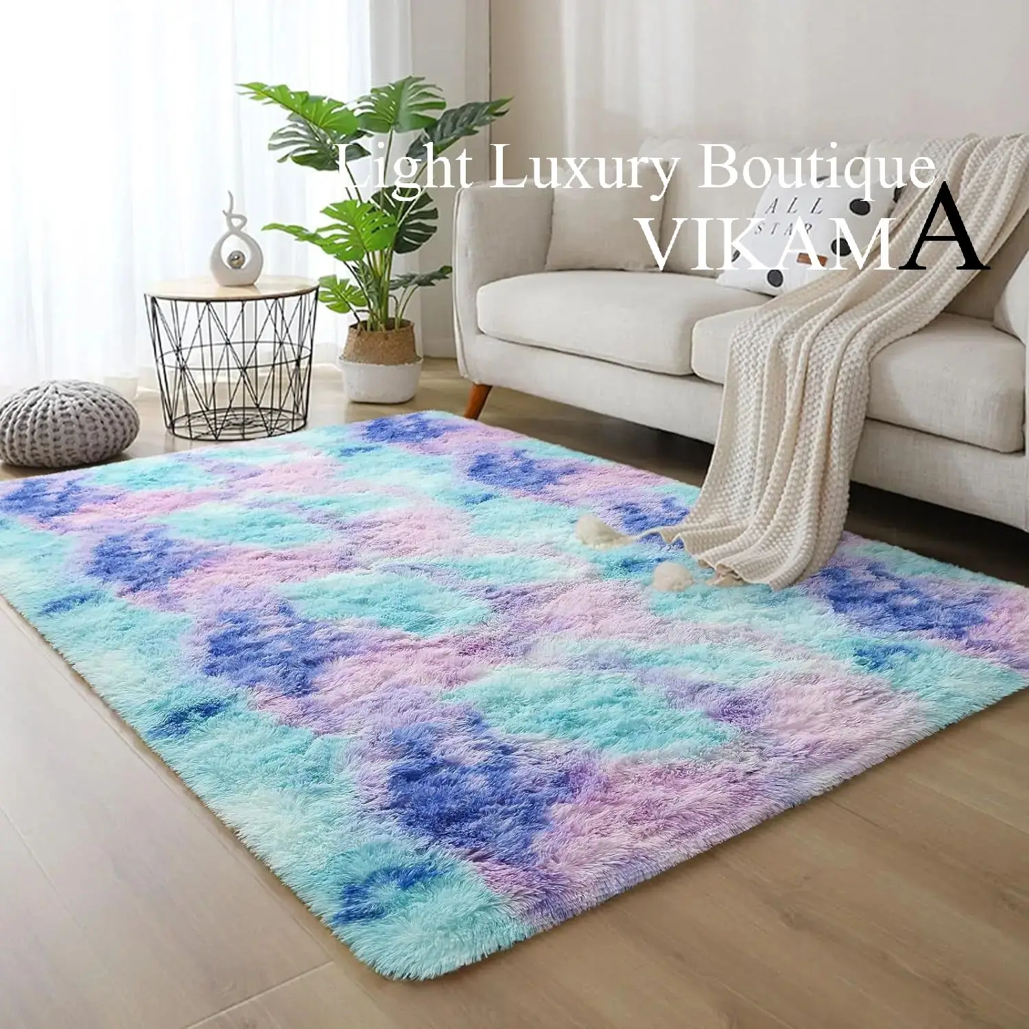 VIKAMA Fashion Tie-dye Silk Hair Carpet Teenage Bedroom Dorm Decorative Floor Mats Living Room Bedroom Washable Non-slip Rugs