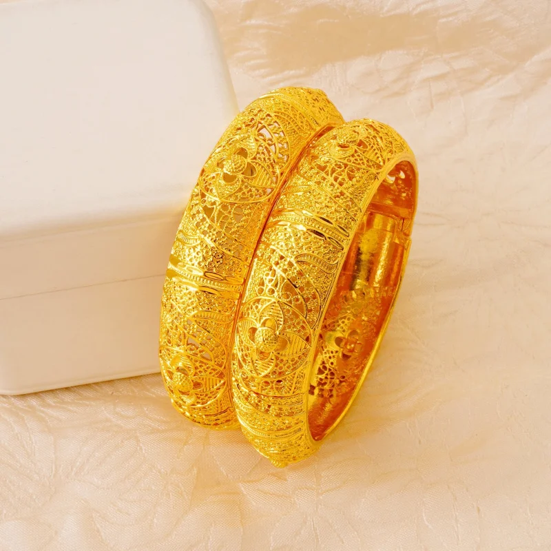 Luxury 100% Real 24K Gold Hollow Out Open Bangle For Women, Fashionable Lightweight Bracelet High-End Sense