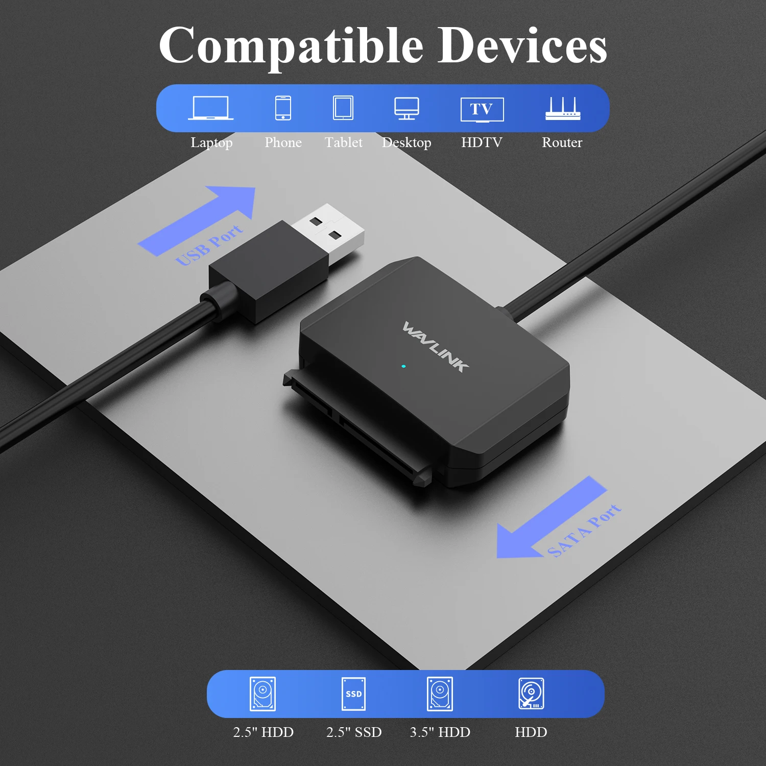 WAVLINK USB3.0 to SATA III Hard Drive Adapter Cable 5Gbps Data Transfer Converter External Hard Drive Connector For 2.5