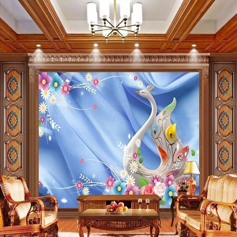 Simple and high-end floral swan fabric pattern living room TV luxury home decoration bedroom background wall decorative painting