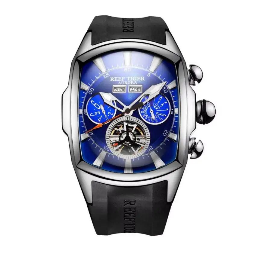 Reef Tiger Orologio automatico da uomo 47mm Cassa tonneau Sport Orologio da polso meccanico Scheletro luminoso Multi quadrante Mese Settimana Data