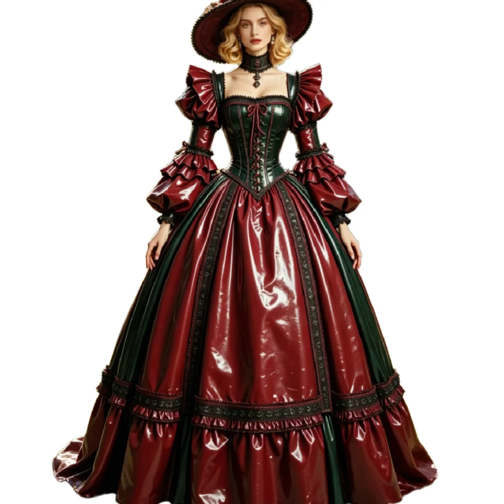 Latex Victorian Dark Red Evening Dress Long Sleeve Ball Gown Gothic Rococo Renaissance Cosplay Prom Gowns Halloween Formal Party view 2