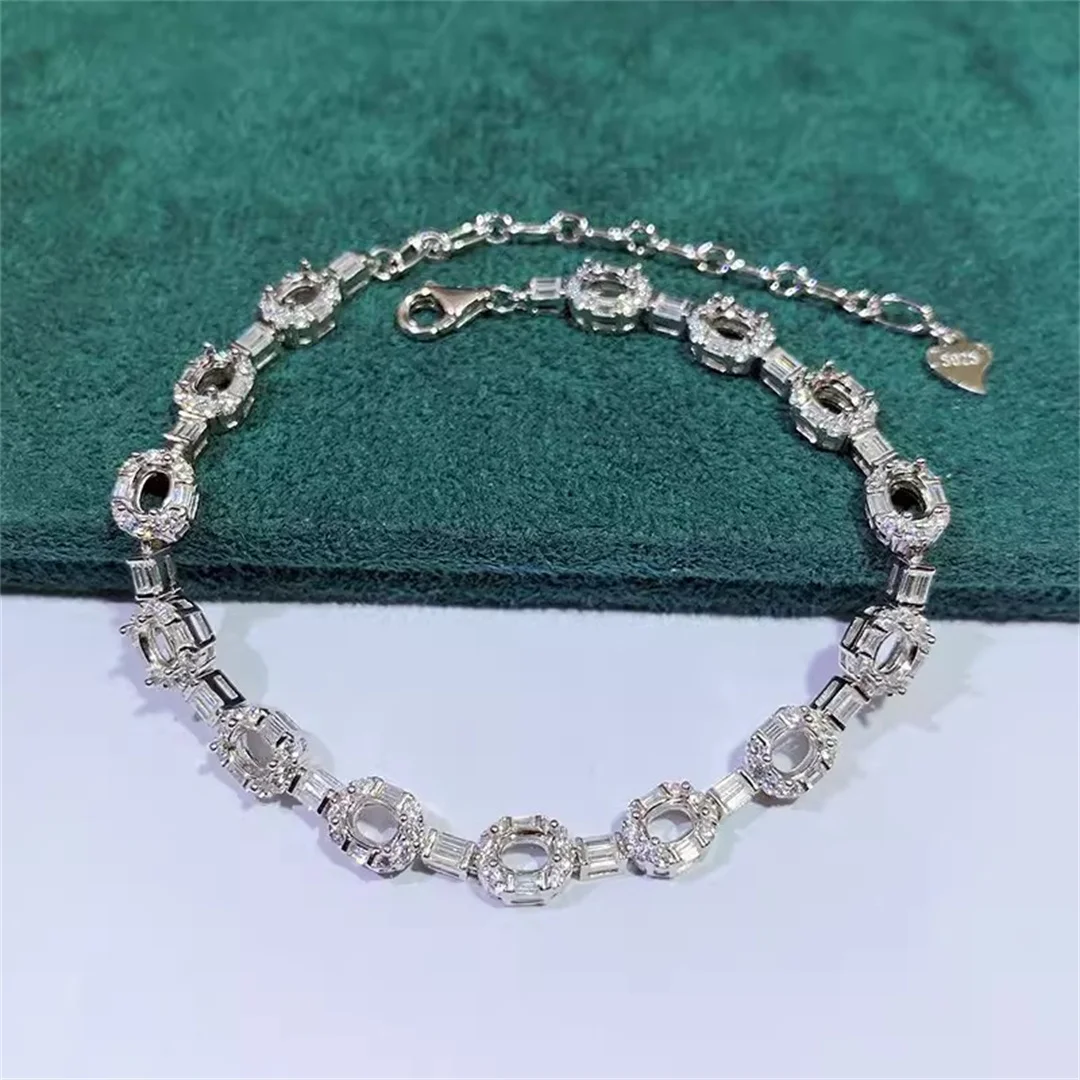 MeiBaPJ 3*4/4*6/7*9mm Elliptic Stone S925 Sterling Silver Fashion Bracelet Holder DIY Empty Support for Women Fine Charm Jewelry