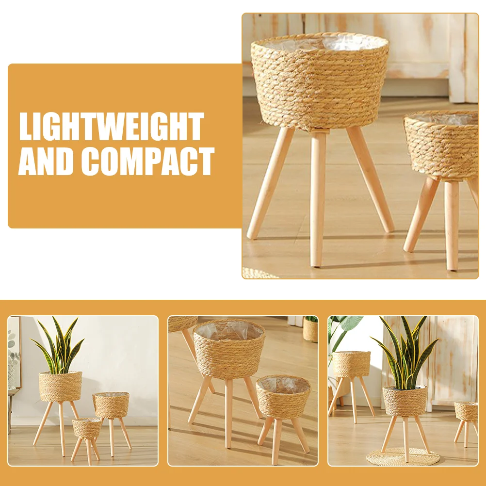 Wood Woven Plant Pot on Standing Legs Household Planter Pot Basket Wood Plants Weaving Flowerpot Storage Basket