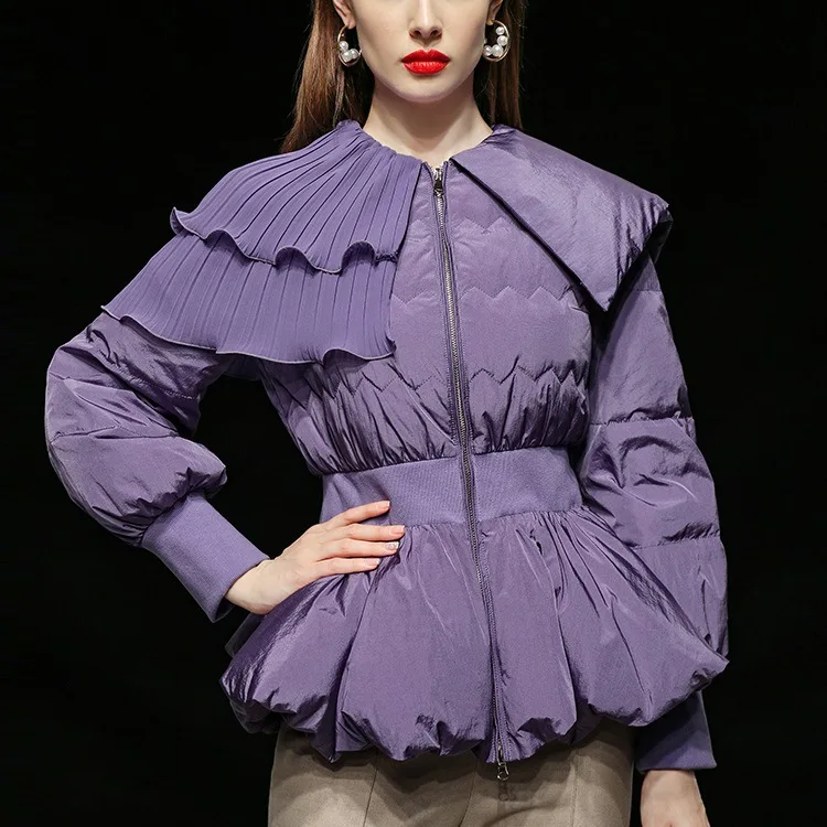 New winter lotus leaf edge zip coat Women's fashio elegant purple down jacket
