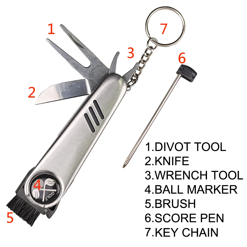 1Pcs Multi-Function Golf Tools Magnetic Ball mark Clean Brush Score Pen Golf Divot Golf Clubs Stainless Steel With Knife Wrench