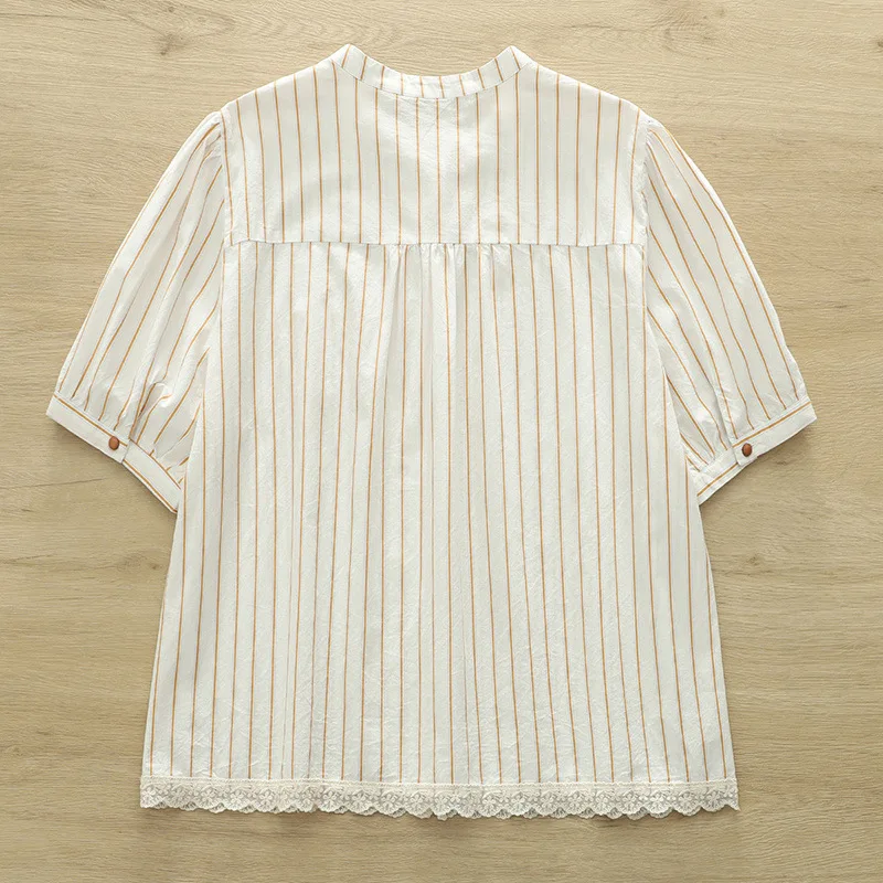 ใหม่2025ฤดูร้อนผ้าฝ้ายแขนสั้นเสื้อผู้หญิงยืนลายลูกไม้Patchwork, MoriสาวหวานOLเดินทางเสื้อหลวมT54014CC