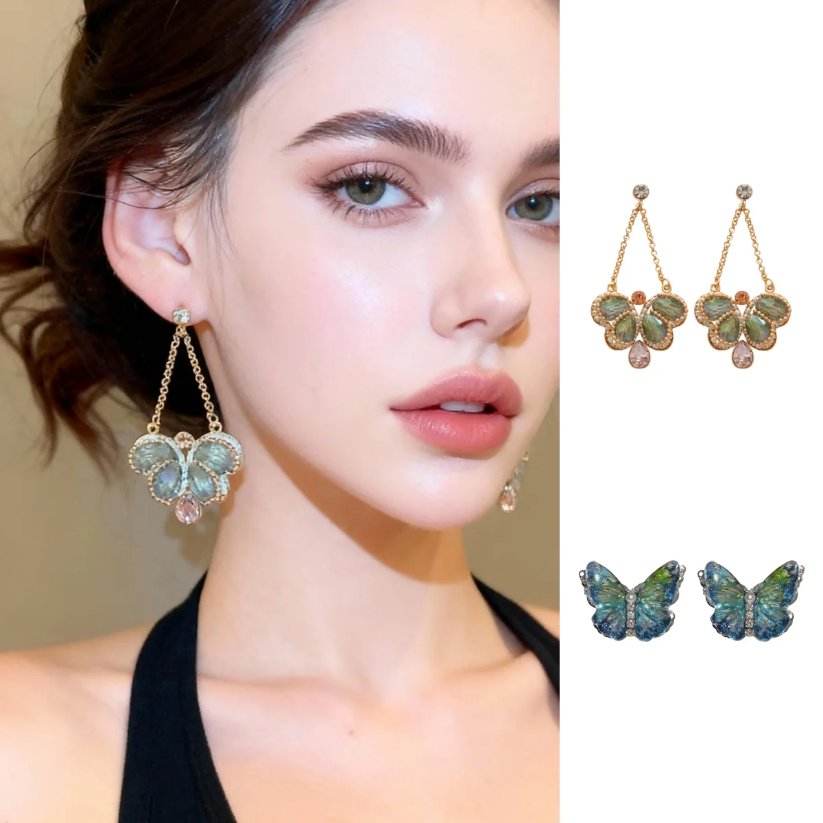 

Zircon Pearl Diamond-Studded Butterfly Earrings Sweet-Edgy Style Silver Stud Earrings Luxurious-Looking Ear Jewelry