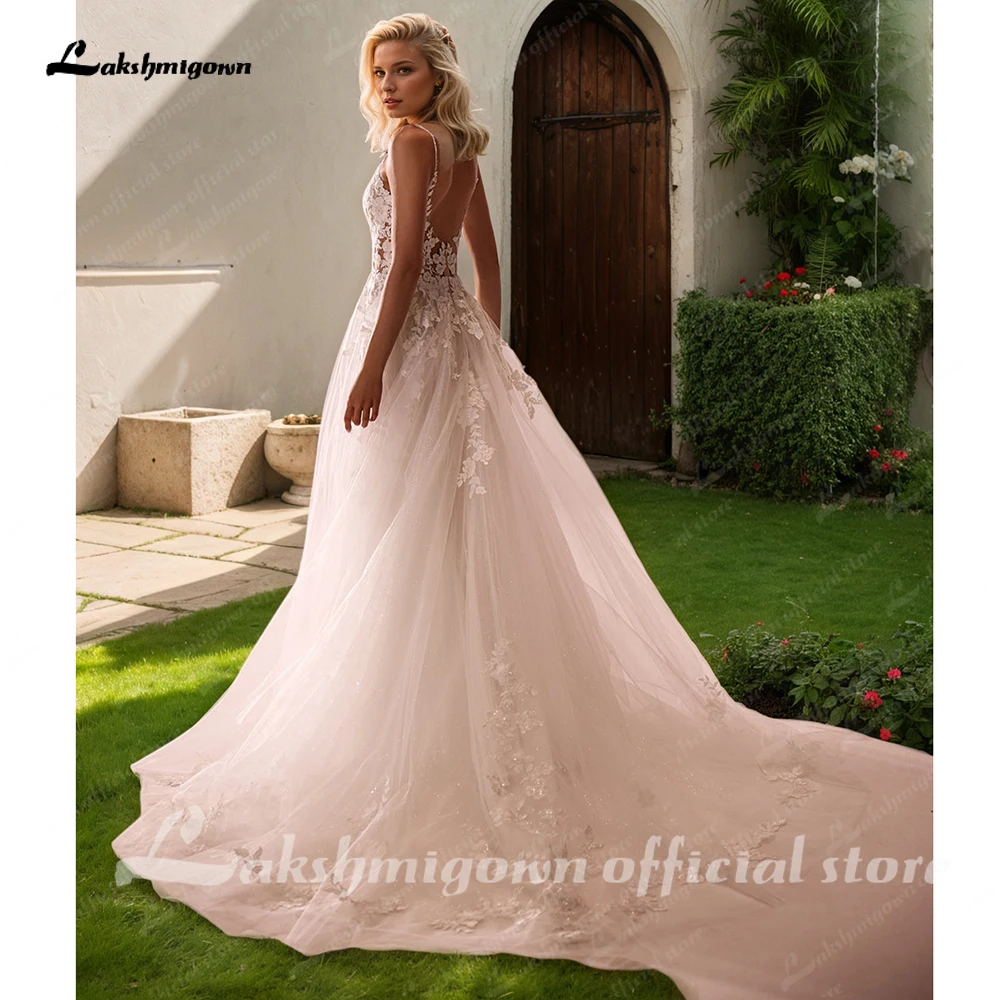 Lakshmigown Brautkleid mit V-Ausschnitt, aus Tüll, mit abnehmbaren Ärmeln, Spitze, rückenfreiem Design, elegant, A-Linien-Schnitt, nach Maß gefertigt. – Detail 7