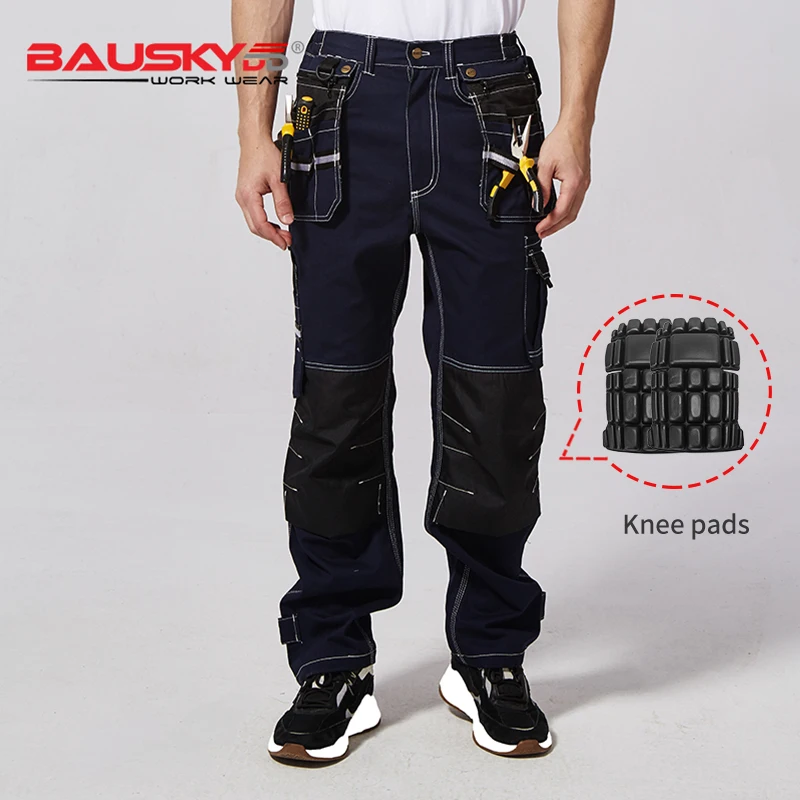 100% Cotton Workwear Men Work Cargo Pants Grey Blue Safety Working Clothes Multi-tool Pockets Work Pants Trousers