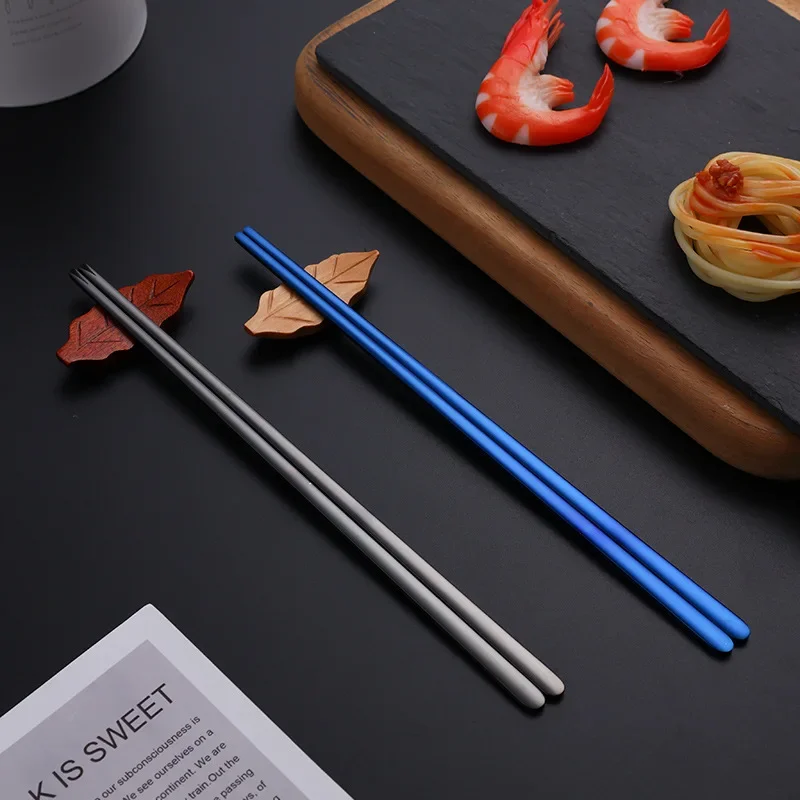 Korean creative stainless steel gold-plated solid flat chopsticks gold thickened household non-slip chopsticks