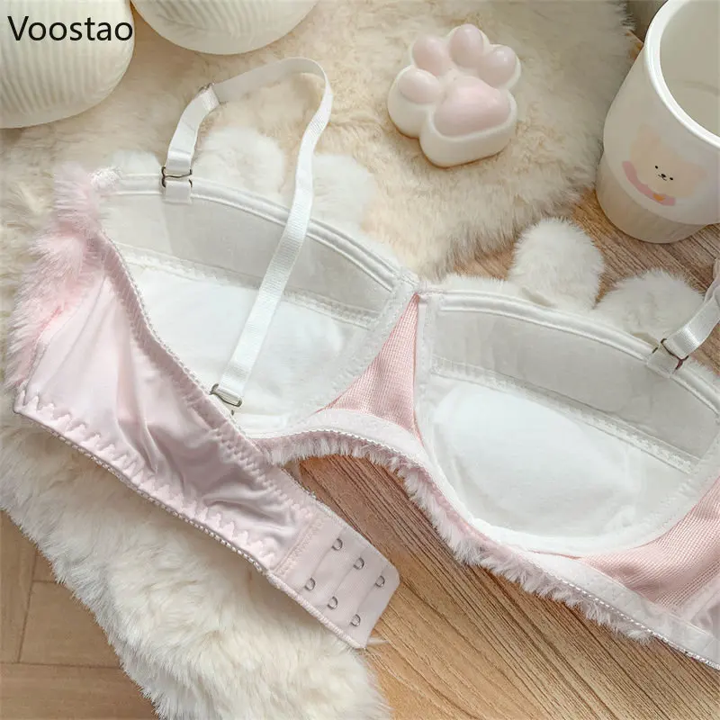 Autumn Winter Kawaii Lolita Bra and Panty Set Sexy Cute Plush Bunny Cartoon Underwear Women Sweet Bear Ears Lingerie Briefs Set