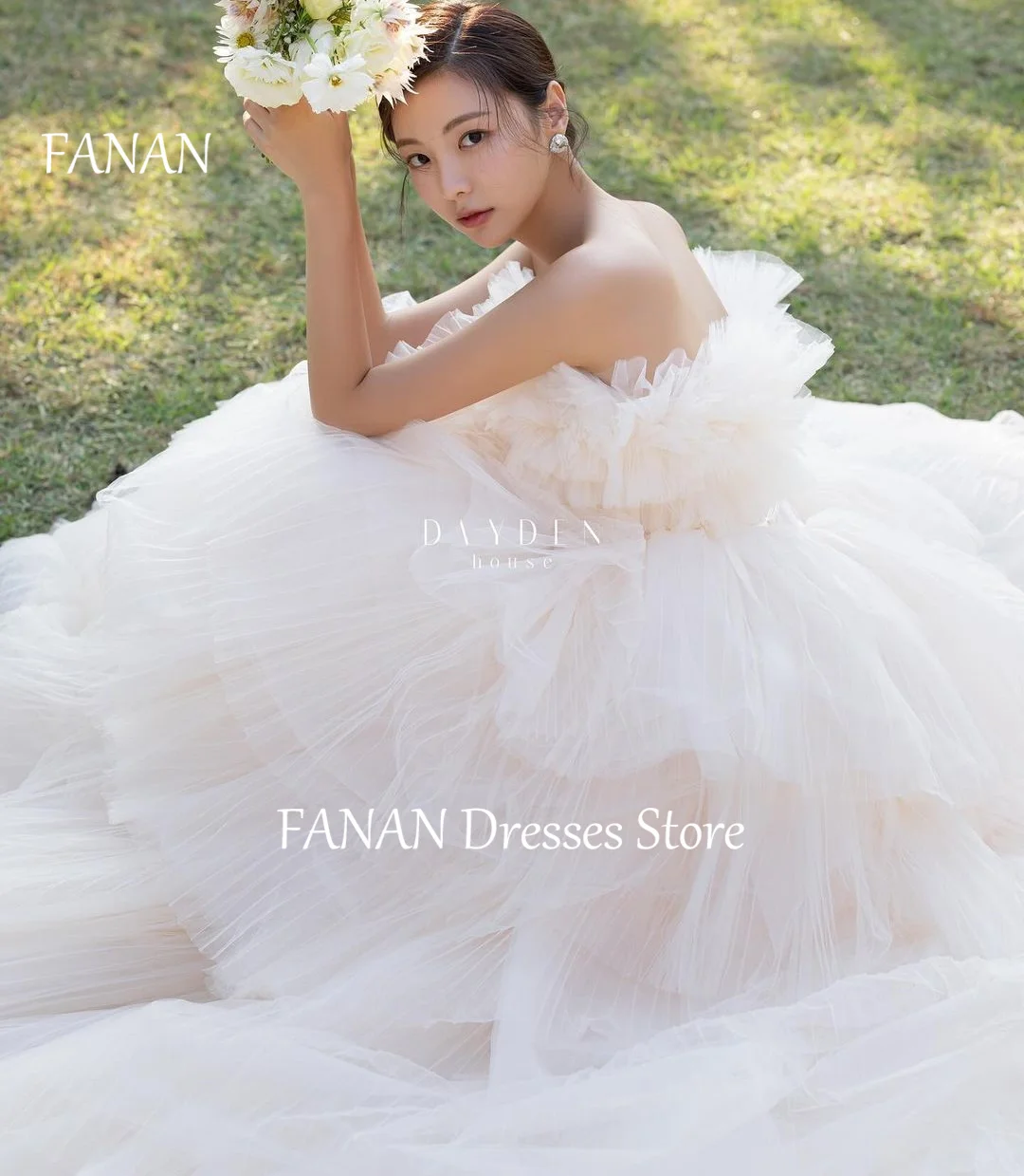 FANAN Korea Off-ShoulderPrincess Sleeveless Tiered Wedding Dresses 웨딩드레스 Ivory Tulle Ruffles Custom Made Bride Gowns Plus Sizell