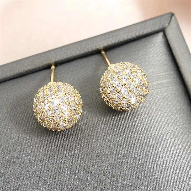 RAKOL French Luxury Ball Shape Micro Inlay Zircon Stud Earrings for Women Fashion Cubic Zirconia Gold Color Earring Ins Jewelry