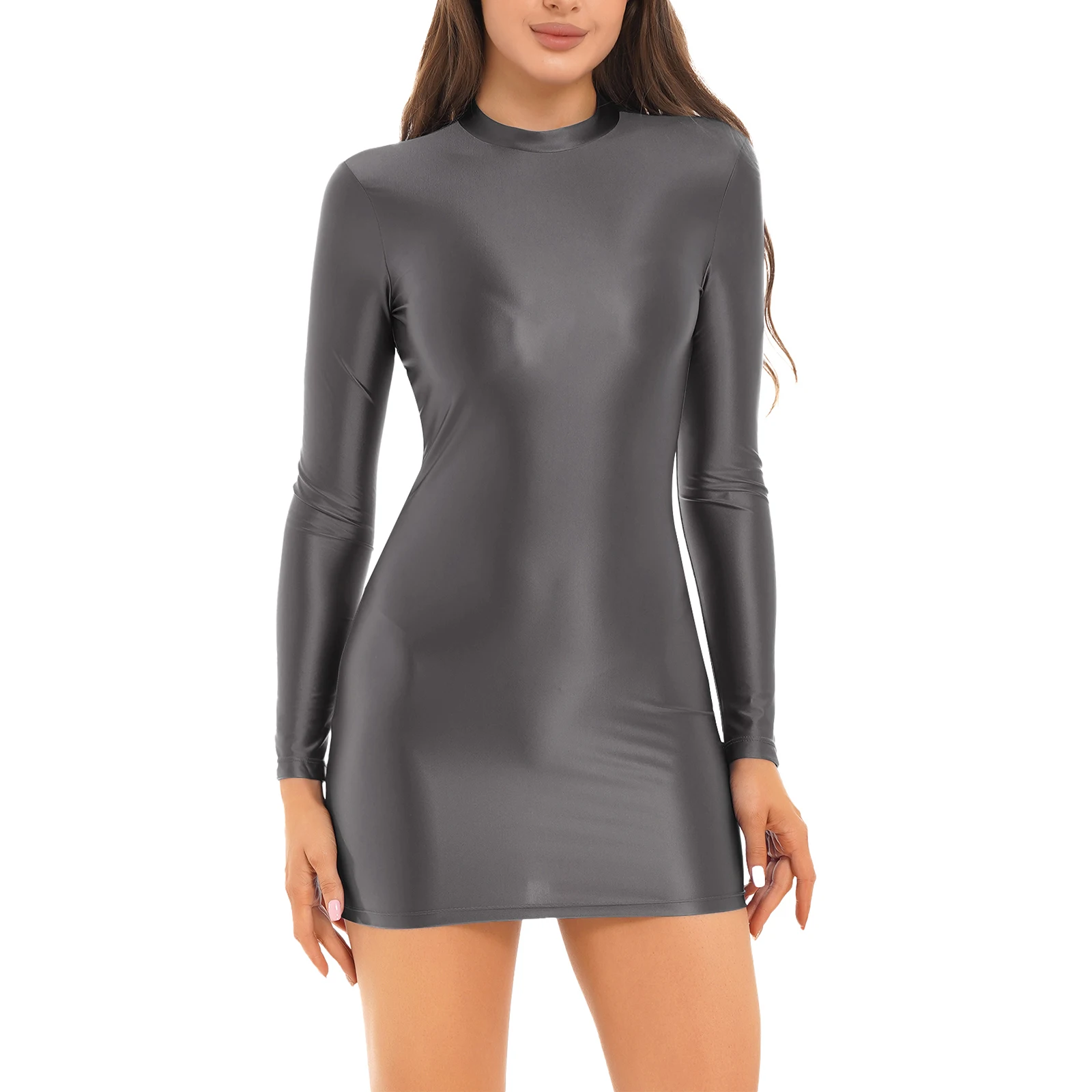 Damen Dessous glatt schiere Mock Neck seidig mikro eng Mini kleid Öl glänzend Langarm Mini Bodycon Bleistift Kleid Clubwear