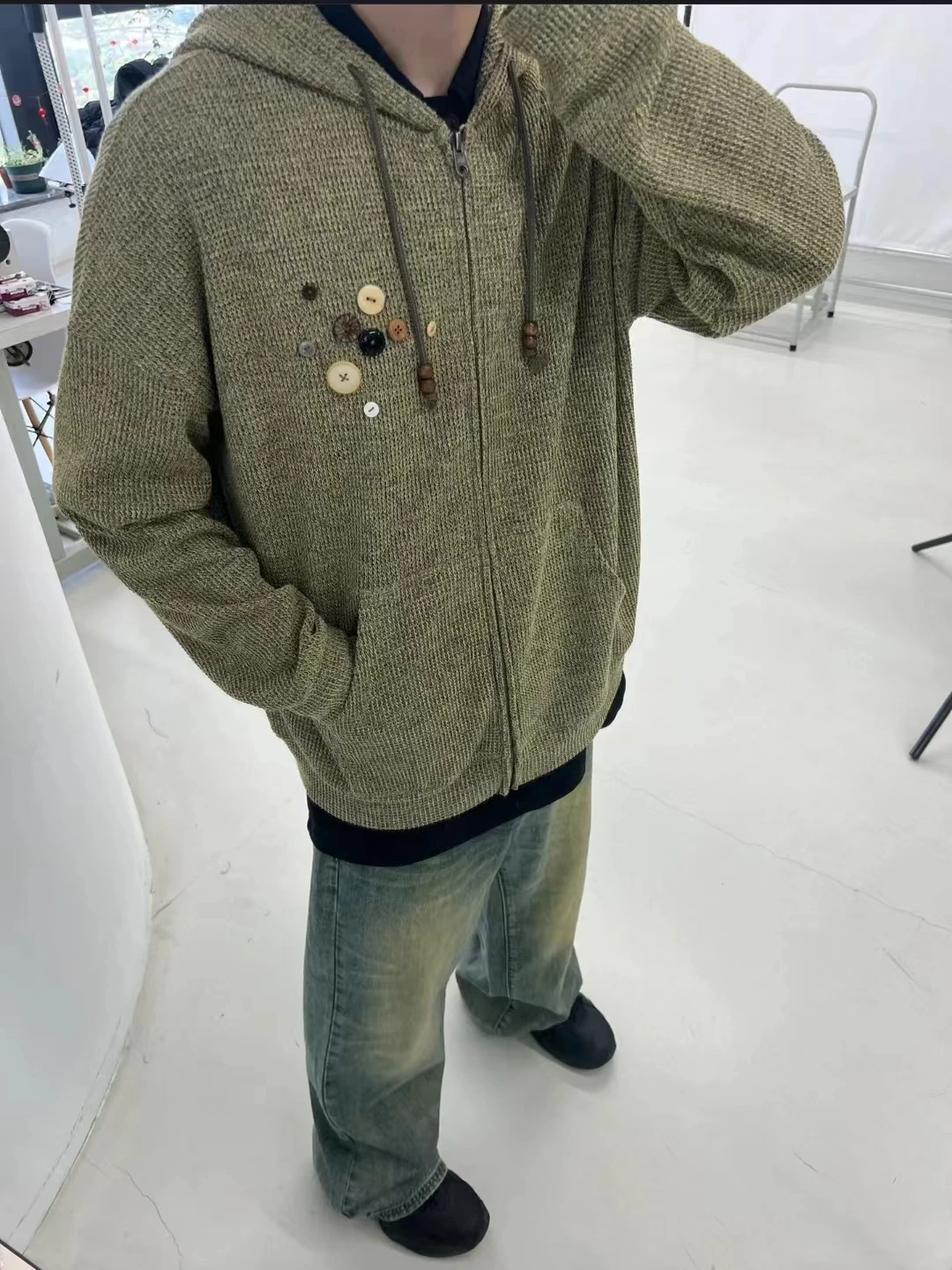 

Вязаная толстовка с капюшоном в американском стиле ретро Bae Design Jaet ex Lazy, свитер, кардиган, модный брендовый осенний длинный све, чистый цвет
