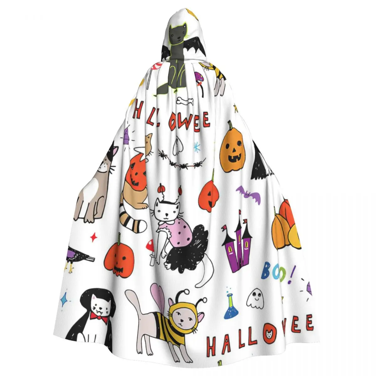 Halloween Seamless Line Cartoon Cats Pattern Hooded Cloak Halloween Party Cosplay Woman Men Adult Long Witchcraft Robe Hood