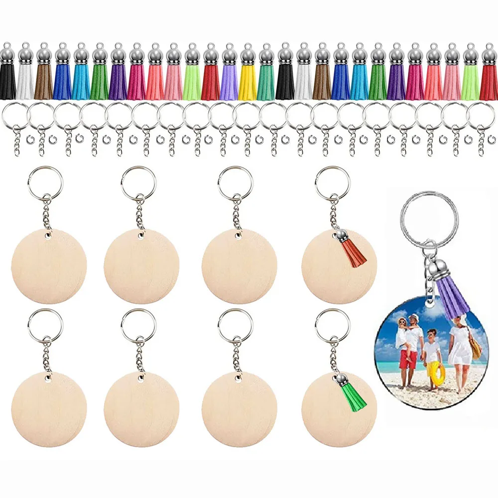 200pcs DIY Wood Keychains Blanks Tassel Charms Set Round Rectangle Wooden Ornaments Blank Key Rings Keychain Tassels Jump Rings