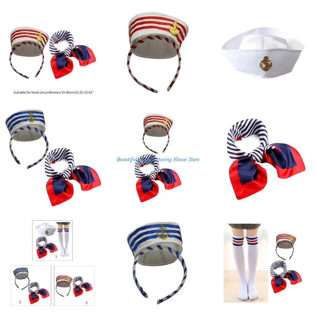 

E56A Sailor Hat & Stockings & Stripe Scarf/ Headband for Woman Male Sailor Hat Round Hat Halloween Carnivals Supplies