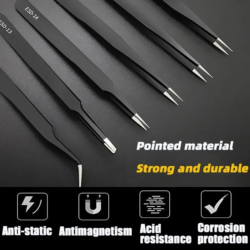 6PCS Precision Tweezers Set ESD Anti-Static Stainless Steel Tweezers Repair Tools for Electronics Repair Soldering Craft