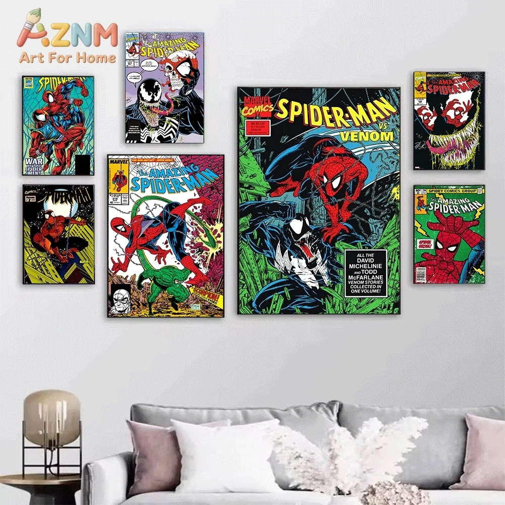 Spider‑Man with Punisher Vintage Comic Cover Canvas Wall Print, Classic Superhero Comic Book Illustration Art Poster, Unframed