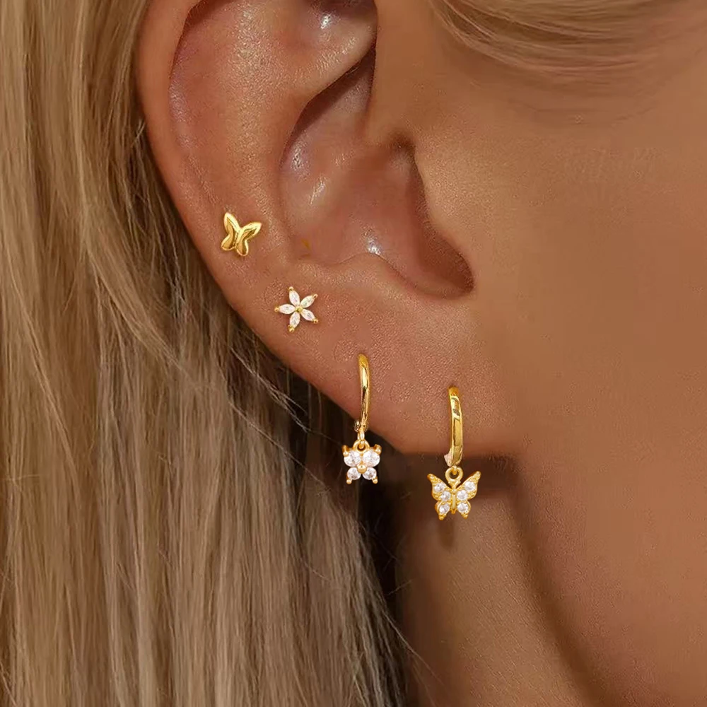 4PCS Elegant Sweet Butterfly Dangle Earring Sets For Woman Unique Zircon Flower Ear Stud Engagement Birthday Jewelry Gift