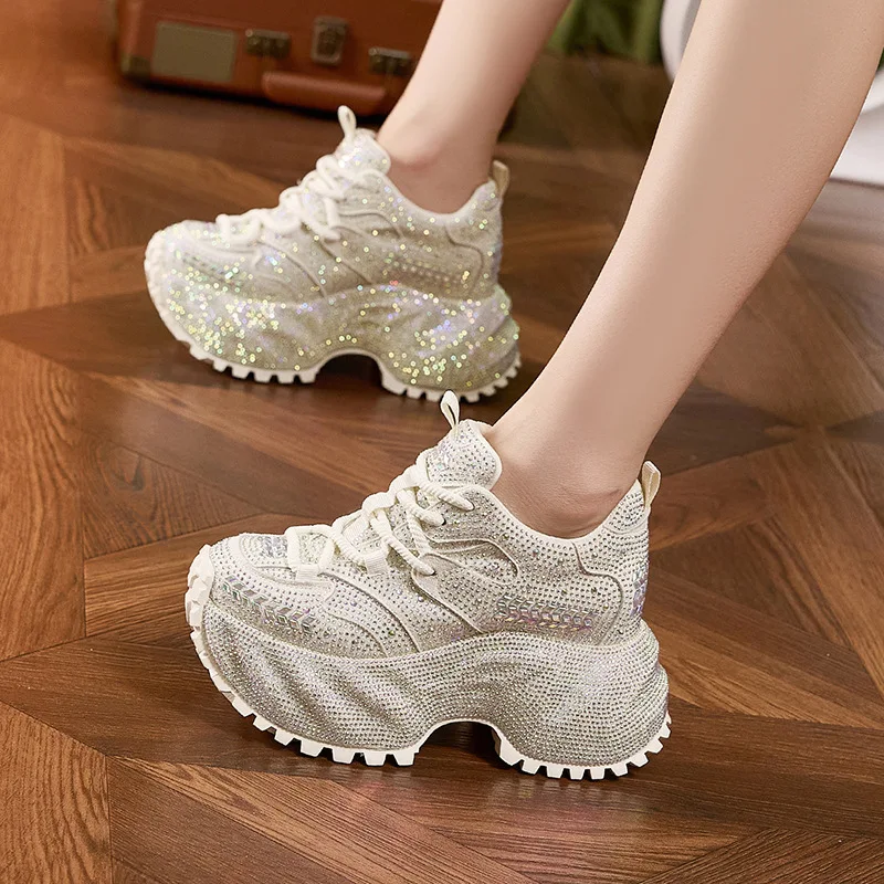 Thick-soled Women's Casual Shoes Autumn New Fashion Full Diamond Versatile Sneakers Non-slip Inner Height Increasing Women Shoes