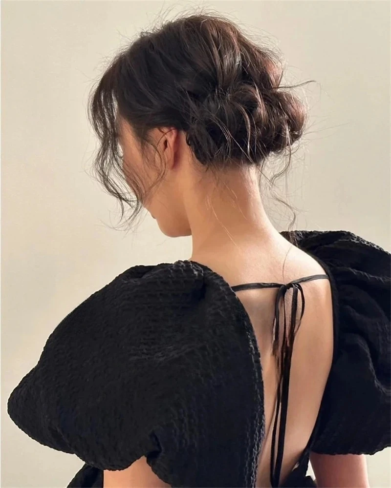 ZHUISHU Square Neck Black Short Korea Wedding Dresses Photos Shoot Customized Draped Short Puff Sleeve Outfit Bride Party Dresse